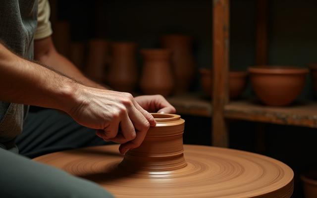 Artesano trabajando en torno de cerámica con arcilla