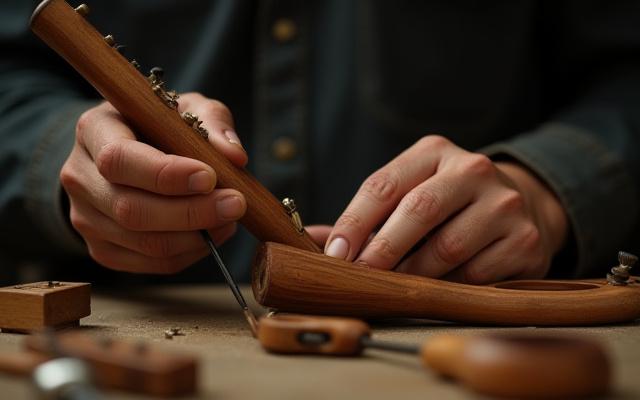 Artesano fabricando un instrumento musical tradicional como una flauta