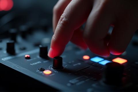 Manos sobre una mesa de mezclas de audio, ajustando perillas.