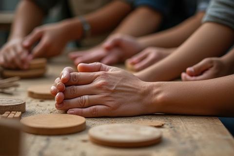 Detalle de manos tejiendo, con un ambiente de taller artesanal.